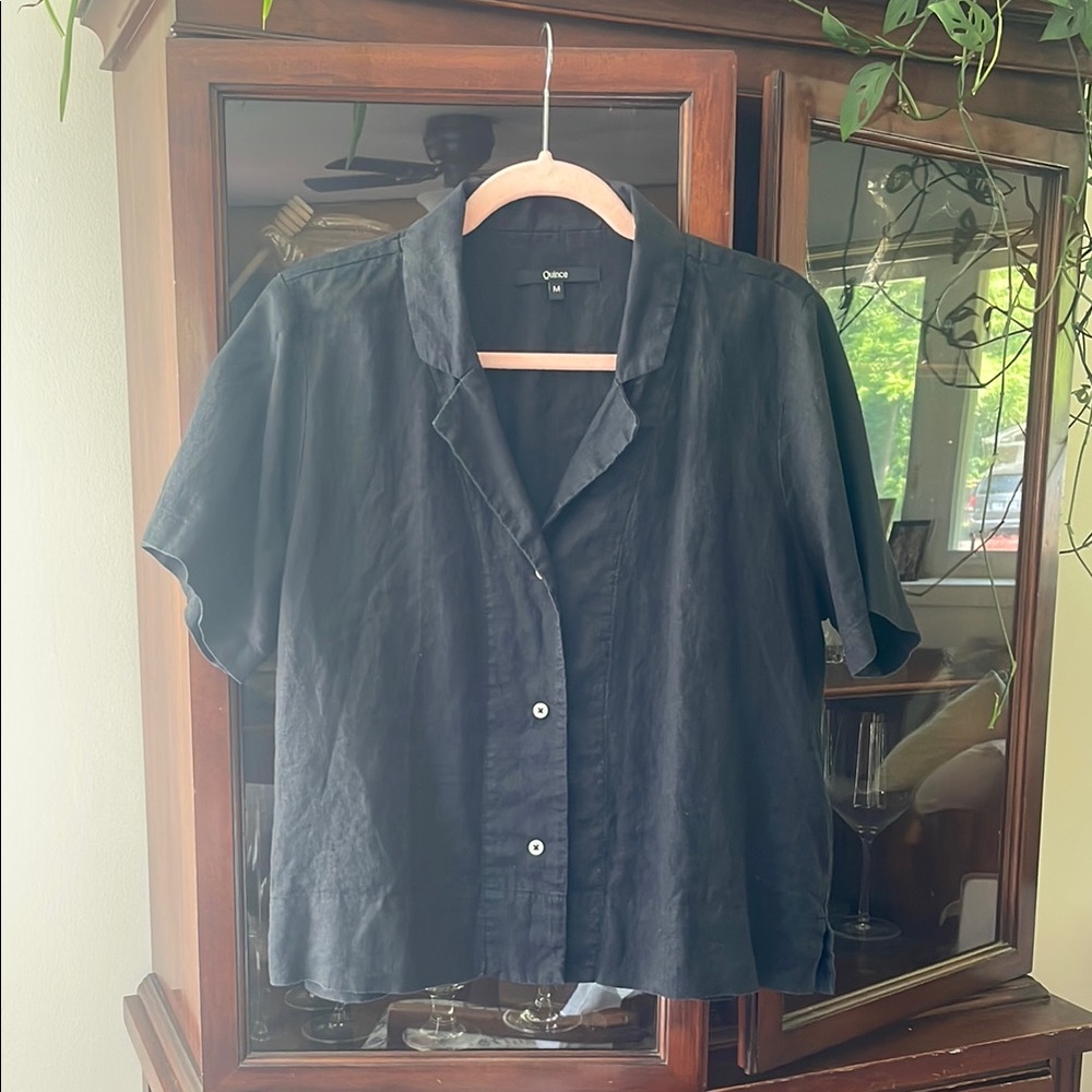 Black Quince Linen Short Sleeve Button Shirt Medium